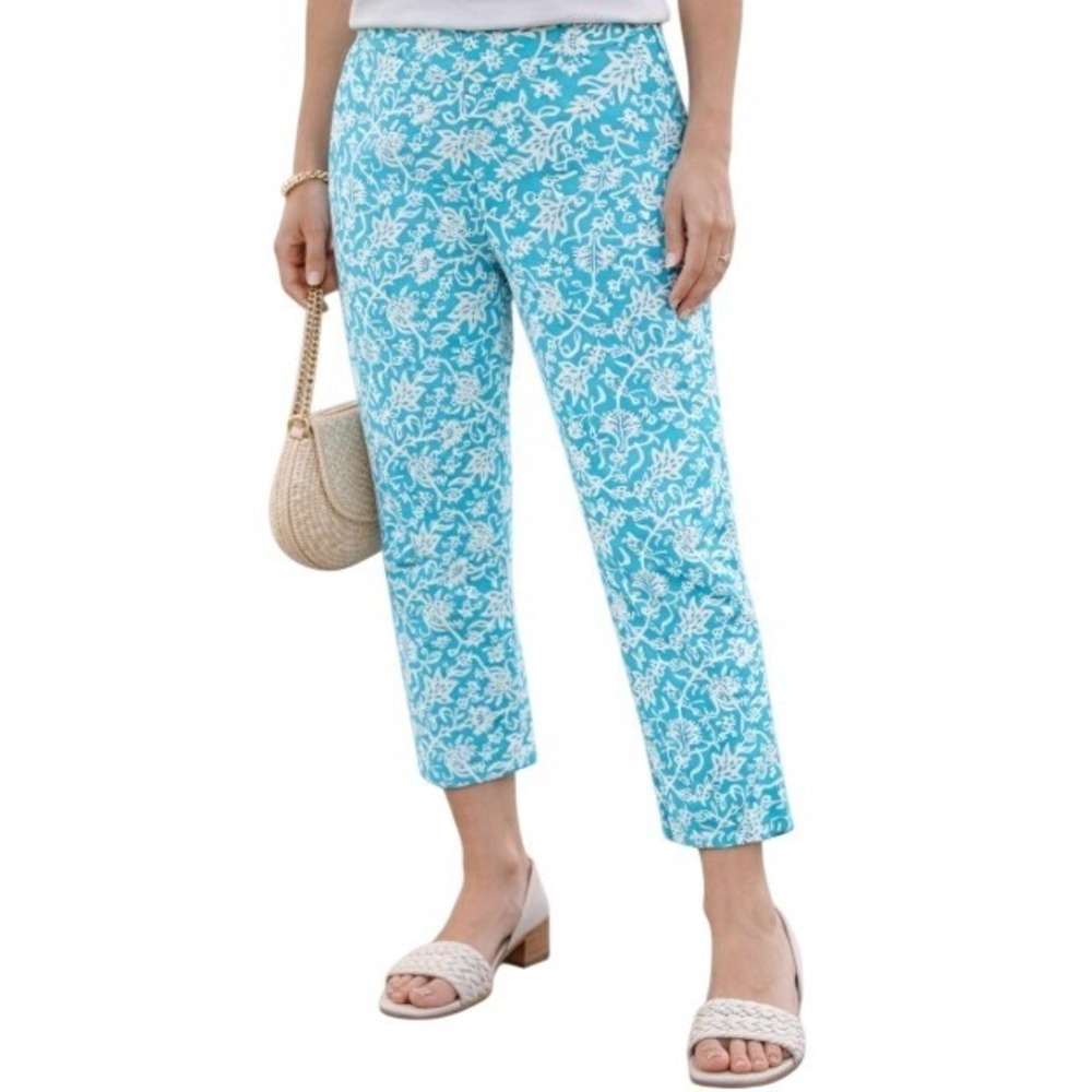 Lilly & Van Capri Chino Pants Womens 6 Blue White Floral Tiger Stretch Boho Chic
